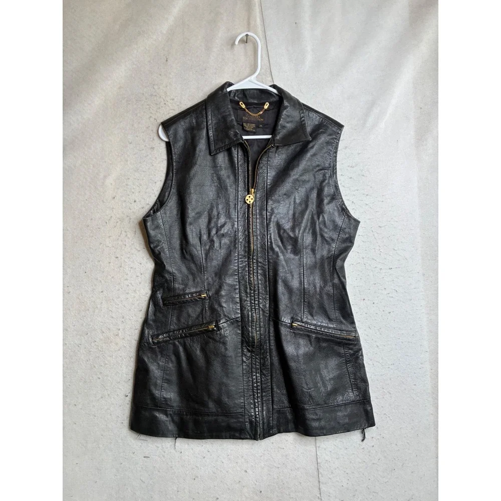 Classiques for Nordstrom Black Leather Vest Zip Front Gold Hardware Size 14